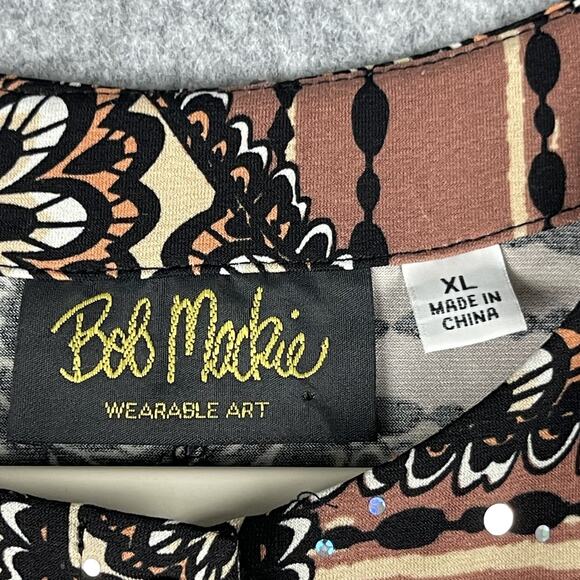 Bob Mackie Jersey Top Womens XL Brown Printed Sequins Button Front Stretch Artsy - Picture 5 of 16